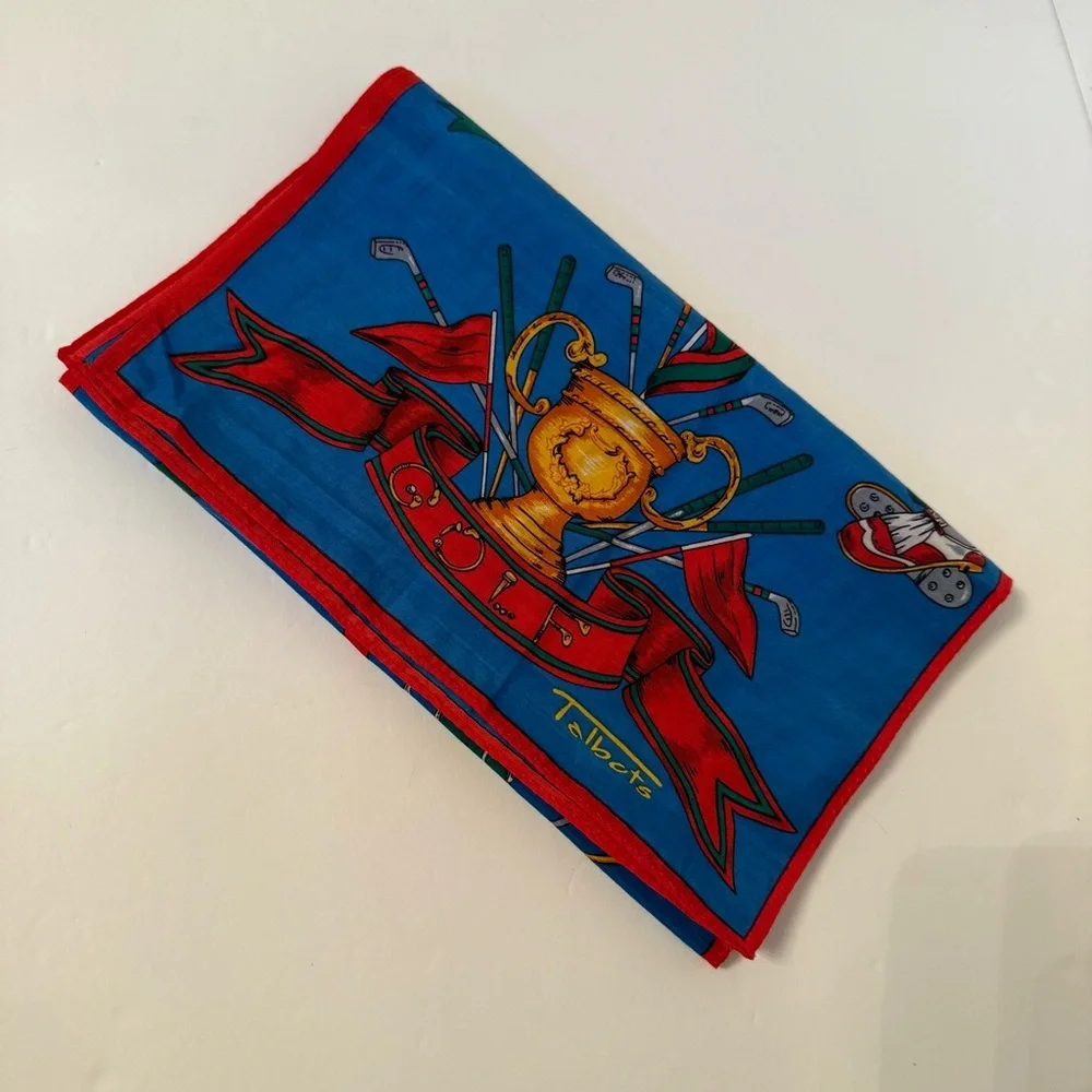 TALBOTS SCARF GOLF THEME BLUE RED GOLD MULTI COLOR RECTANGLE COTTON SILK BLEND